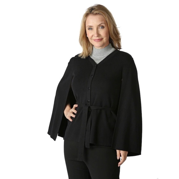 Joan Rivers Sweaters - Joan Rivers Black Knit Belted Sweater Cape 1X
